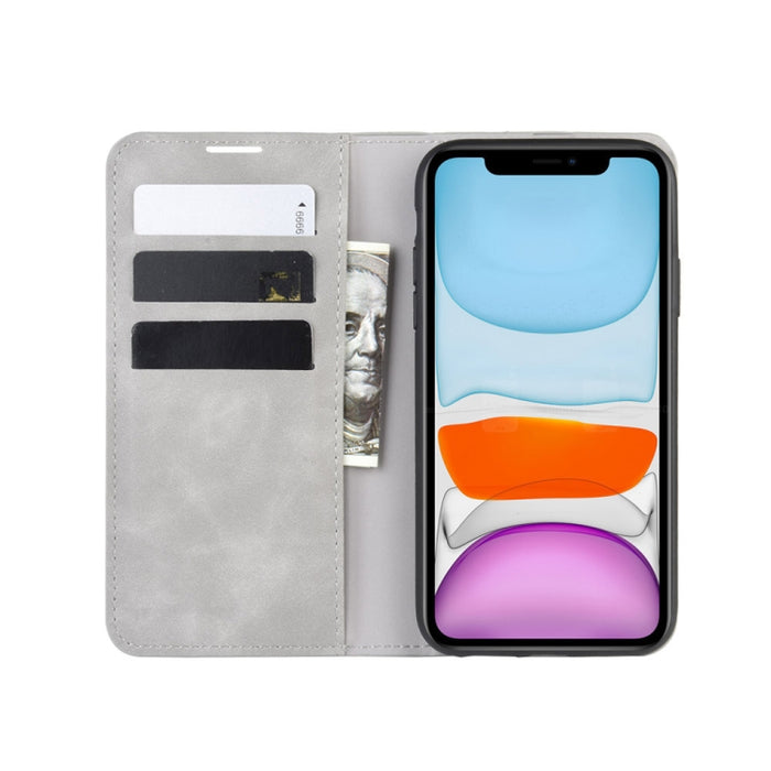 Para iPhone 11 Retro-skin Business Estuche de cuero con succión magnética con monedero-soporte-portabrocas, For iPhone 11