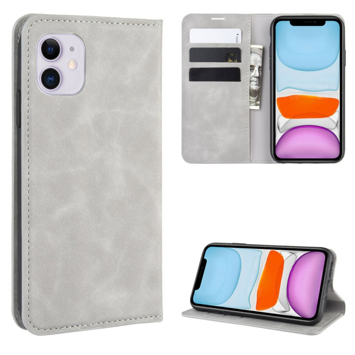 Para iPhone 11 Retro-skin Business Estuche de cuero con succión magnética con monedero-soporte-portabrocas, For iPhone 11
