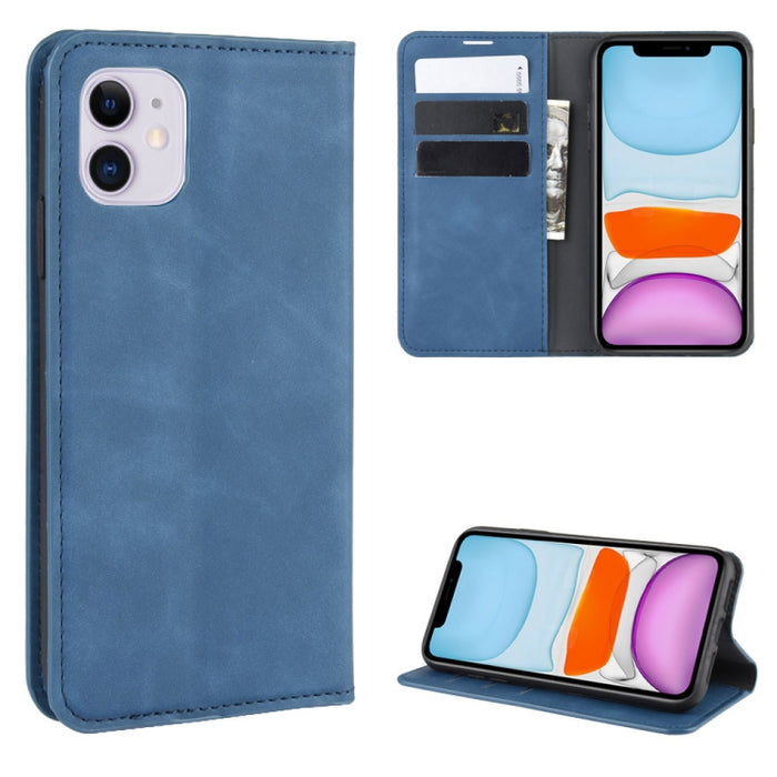 Para iPhone 11 Retro-skin Business Estuche de cuero con succión magnética con monedero-soporte-portabrocas, For iPhone 11
