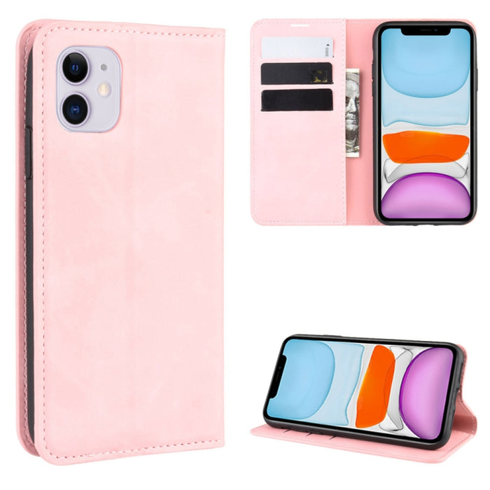 Para iPhone 11 Retro-skin Business Estuche de cuero con succión magnética con monedero-soporte-portabrocas, For iPhone 11