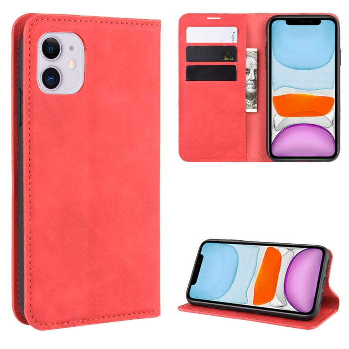 Para iPhone 11 Retro-skin Business Estuche de cuero con succión magnética con monedero-soporte-portabrocas, For iPhone 11