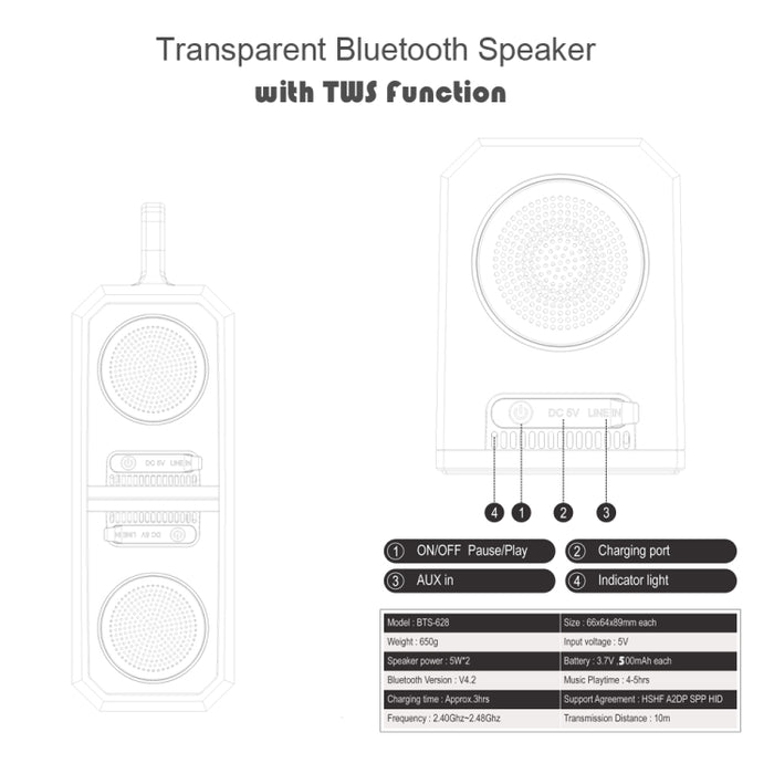 Altavoces Bluetooth transparentes TWS portátiles BT628 10W con base conectable magnética Subwoofer de bajos estéreo para exteriores