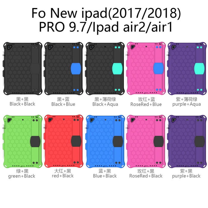Diseño de nido de abeja EVA + PC Cáscara protectora plana anticaída de cuatro esquinas con correas, For iPad 9.7 2017/2018