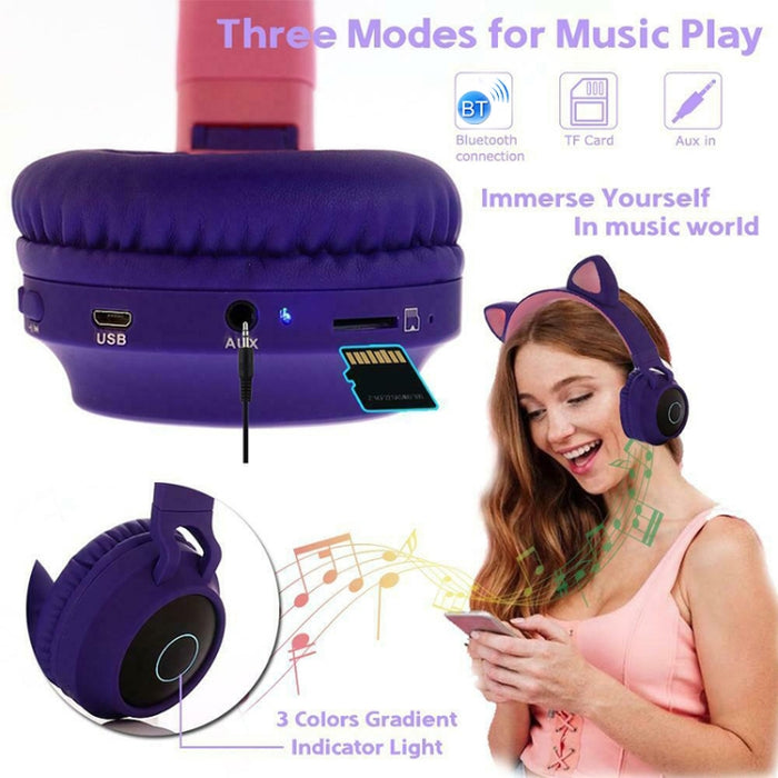 Cute Cat Ear Bluetooth 5.0 Auriculares Plegables en la oreja Estéreo Auriculares inalámbricos Auriculares con micrófono / Luz LED / Radio FM / Tarjeta TF