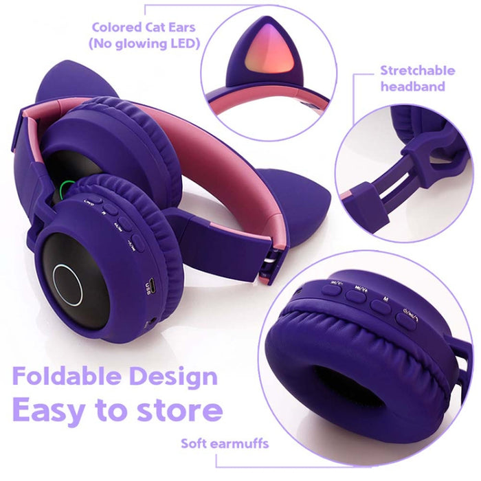 Cute Cat Ear Bluetooth 5.0 Auriculares Plegables en la oreja Estéreo Auriculares inalámbricos Auriculares con micrófono / Luz LED / Radio FM / Tarjeta TF