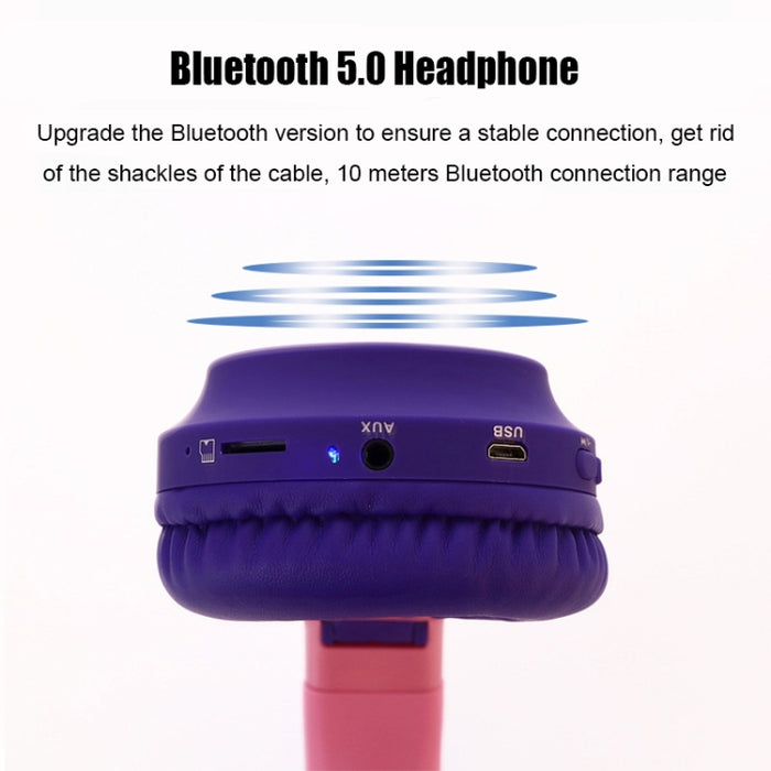 Cute Cat Ear Bluetooth 5.0 Auriculares Plegables en la oreja Estéreo Auriculares inalámbricos Auriculares con micrófono / Luz LED / Radio FM / Tarjeta TF