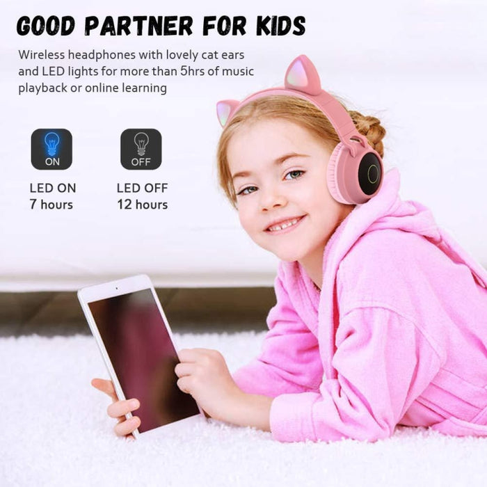 Cute Cat Ear Bluetooth 5.0 Auriculares Plegables en la oreja Estéreo Auriculares inalámbricos Auriculares con micrófono / Luz LED / Radio FM / Tarjeta TF