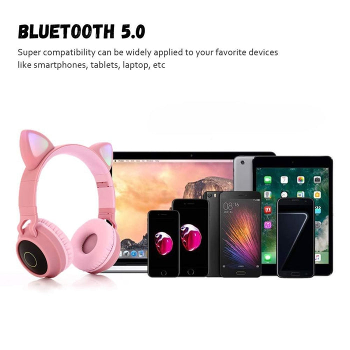 Cute Cat Ear Bluetooth 5.0 Auriculares Plegables en la oreja Estéreo Auriculares inalámbricos Auriculares con micrófono / Luz LED / Radio FM / Tarjeta TF