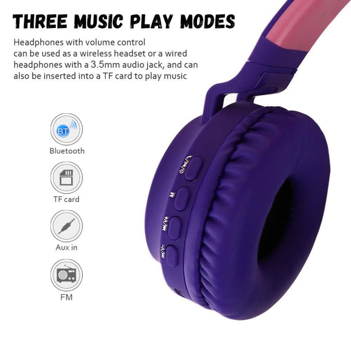 Cute Cat Ear Bluetooth 5.0 Auriculares Plegables en la oreja Estéreo Auriculares inalámbricos Auriculares con micrófono / Luz LED / Radio FM / Tarjeta TF