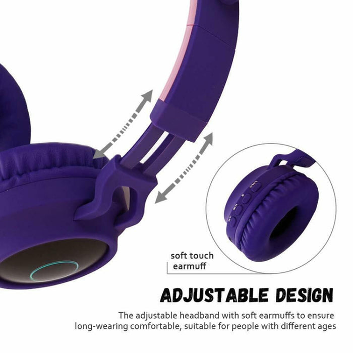 Cute Cat Ear Bluetooth 5.0 Auriculares Plegables en la oreja Estéreo Auriculares inalámbricos Auriculares con micrófono / Luz LED / Radio FM / Tarjeta TF