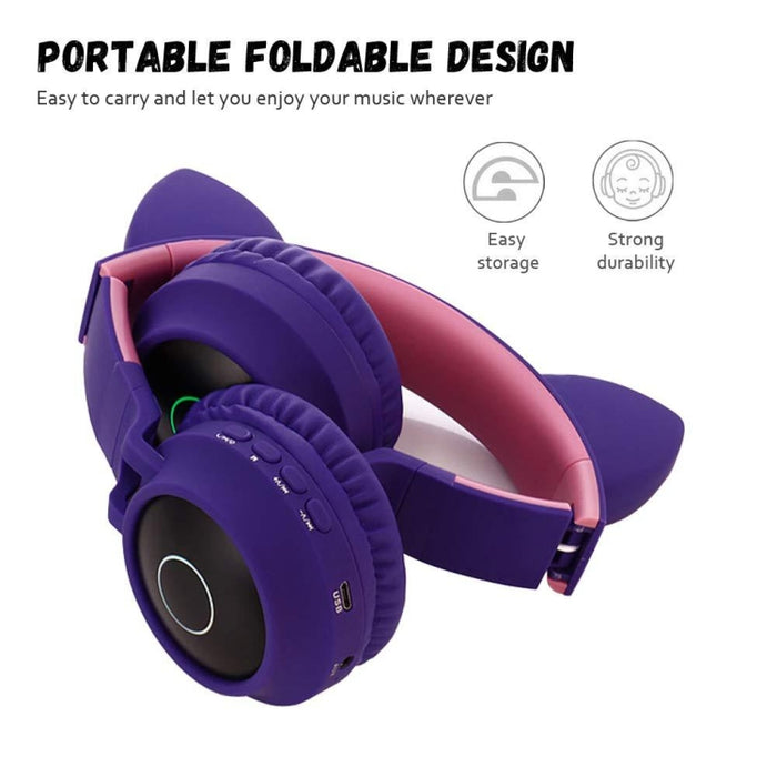 Cute Cat Ear Bluetooth 5.0 Auriculares Plegables en la oreja Estéreo Auriculares inalámbricos Auriculares con micrófono / Luz LED / Radio FM / Tarjeta TF