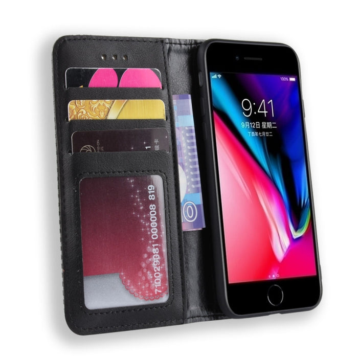 Para iPhone SE (2020) Funda de cuero con tapa horizontal con textura de caballo loco retro con hebilla magnética, con soporte, ranuras para tarjetas y marco de fotos, For iPhone SE 2022 / SE 2020