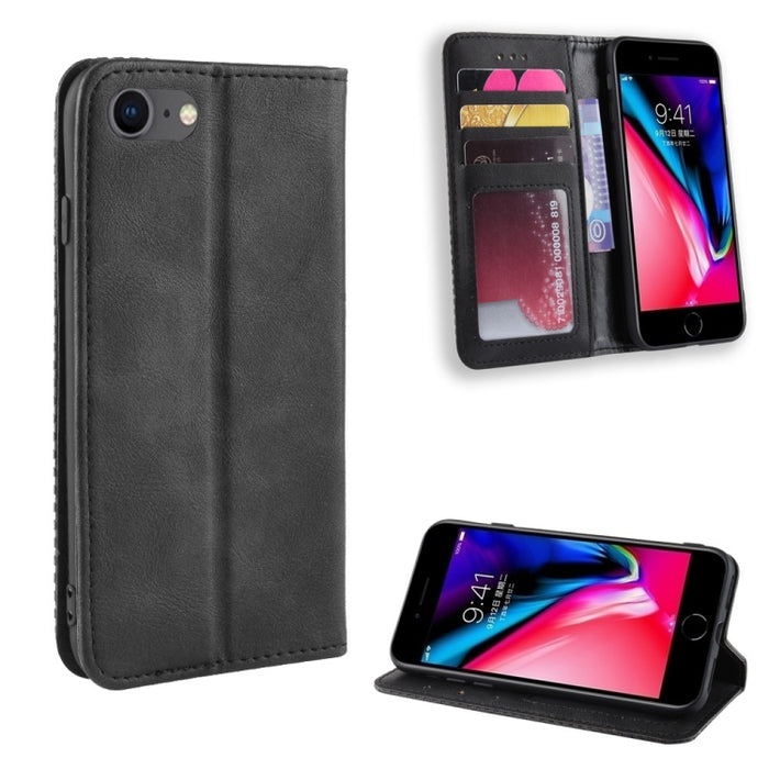 Para iPhone SE (2020) Funda de cuero con tapa horizontal con textura de caballo loco retro con hebilla magnética, con soporte, ranuras para tarjetas y marco de fotos, For iPhone SE 2022 / SE 2020