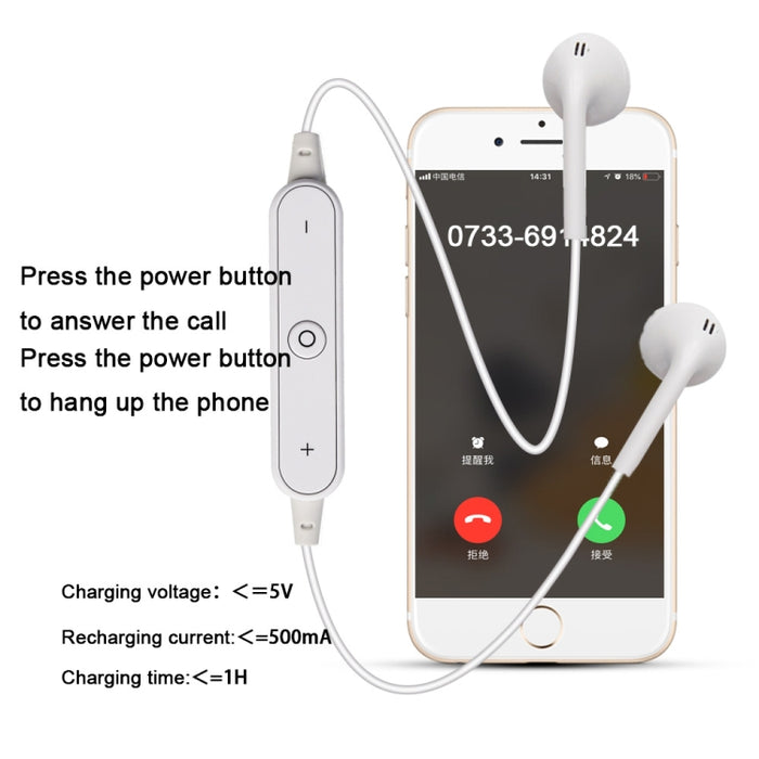 Auricular Bluetooth inalámbrico deportivo S6 para iPhone / Xiaomi / Huawei, con micrófono
