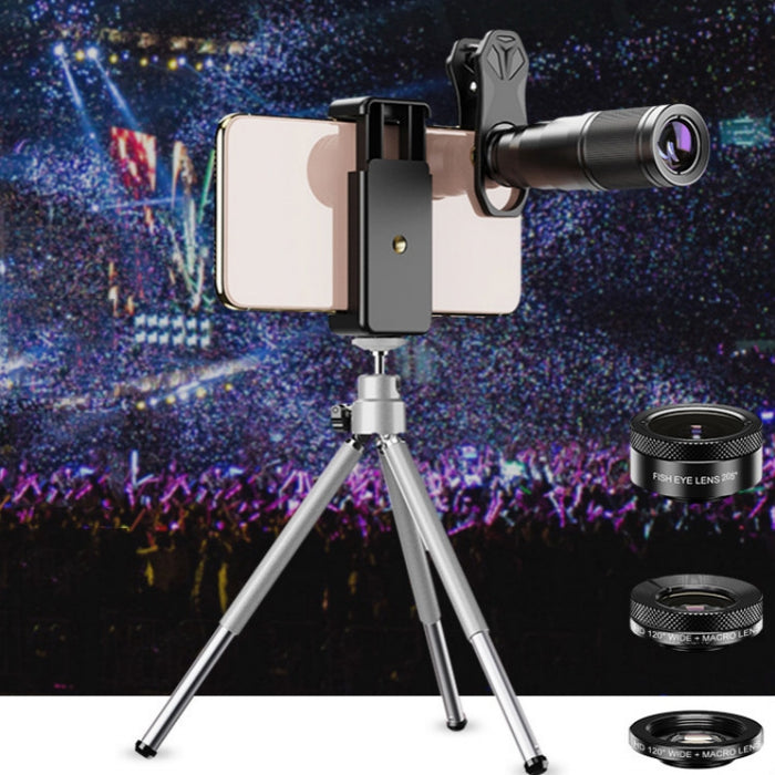 APEXEL APL-22X105 Teleobjetivo 4 en 1 de Metal 22X + Ojo de Pez + Gran Angular + Polarización Macro Starlight Conjunto de Lentes Externas Universales para Teléfono Móvil