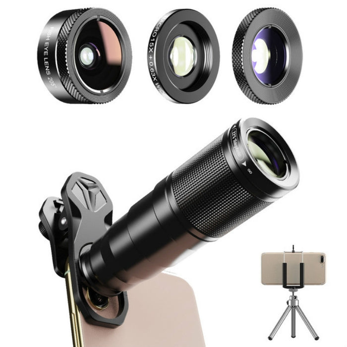 APEXEL APL-22X105 Teleobjetivo 4 en 1 de Metal 22X + Ojo de Pez + Gran Angular + Polarización Macro Starlight Conjunto de Lentes Externas Universales para Teléfono Móvil
