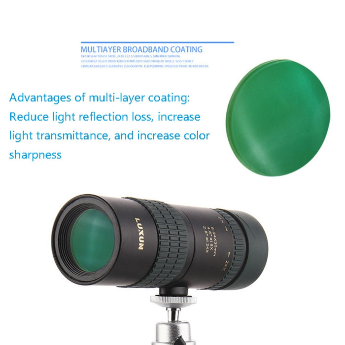 LUXUN 8-24X30 Shimmer Night Vision Telescopio de variación de un solo cilindro con clip para teléfono y trípode