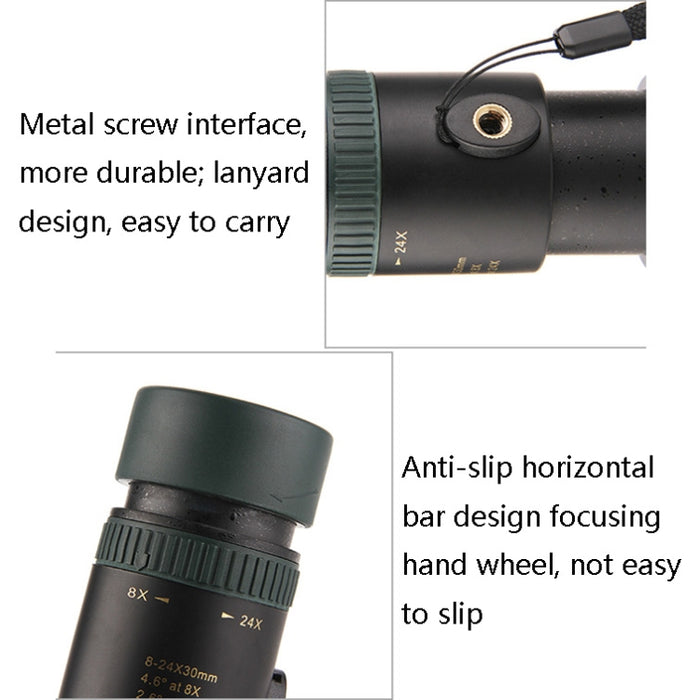 LUXUN 8-24X30 Shimmer Night Vision Telescopio de variación de un solo cilindro con clip para teléfono y trípode