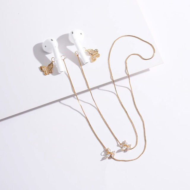 Cadena antipérdida Universal para auriculares inalámbricos, collar antipérdida de mariposa de circonio, dulce y sencillo