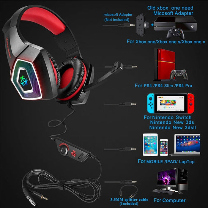 Auriculares para juegos con control de cable luminoso colorido RGB de 3,5 mm V1, longitud del cable: 2,2 m