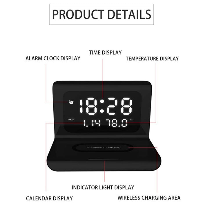 Cargador inalámbrico multifunción Universal para teléfono móvil QI de 10W con despertador y pantalla de hora/calendario/temperatura