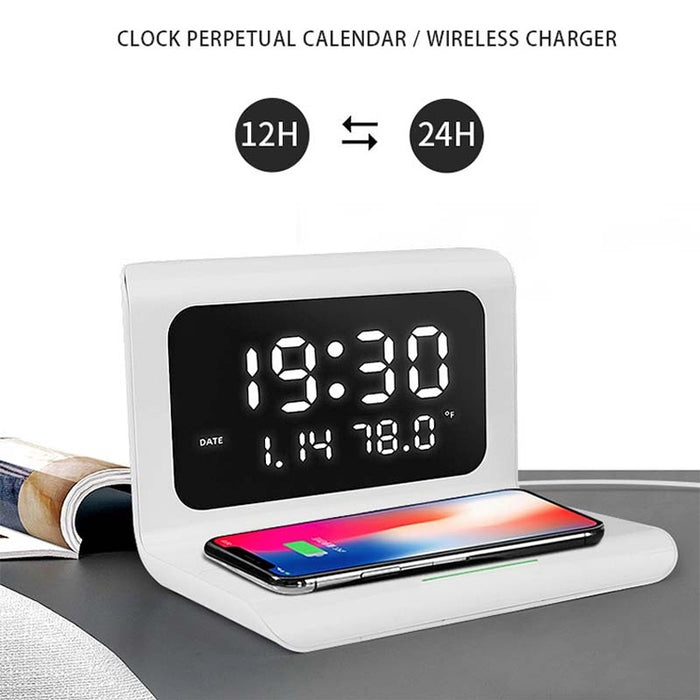 Cargador inalámbrico multifunción Universal para teléfono móvil QI de 10W con despertador y pantalla de hora/calendario/temperatura