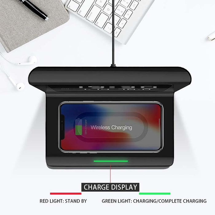 Cargador inalámbrico multifunción Universal para teléfono móvil QI de 10W con despertador y pantalla de hora/calendario/temperatura