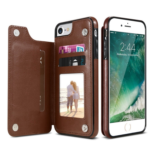 Para iPhone XR Funda de cuero retro PU Funda para teléfono con múltiples tarjeteros