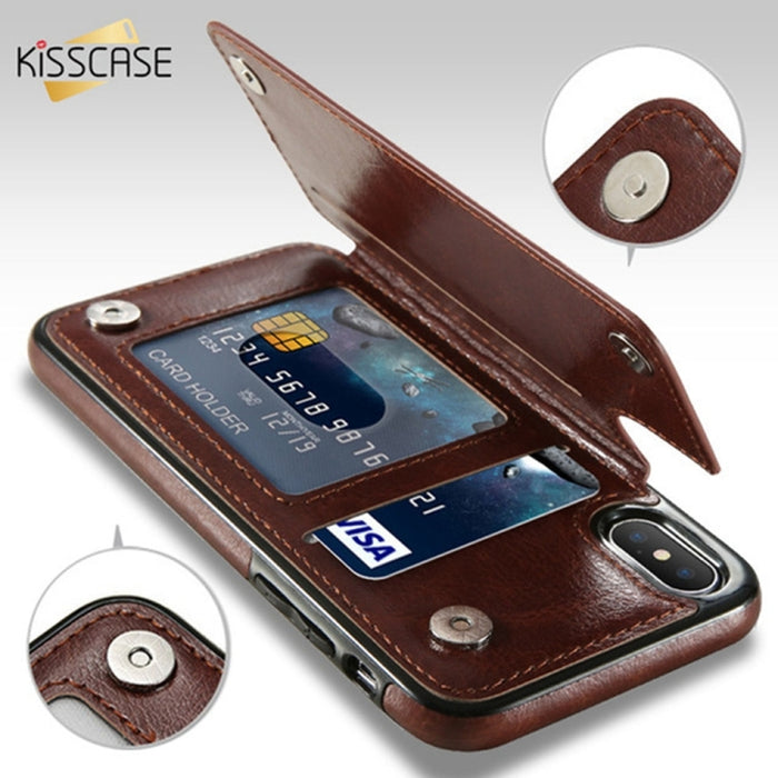Para iPhone XS Funda de cuero retro PU Fundas para teléfonos con múltiples tarjeteros