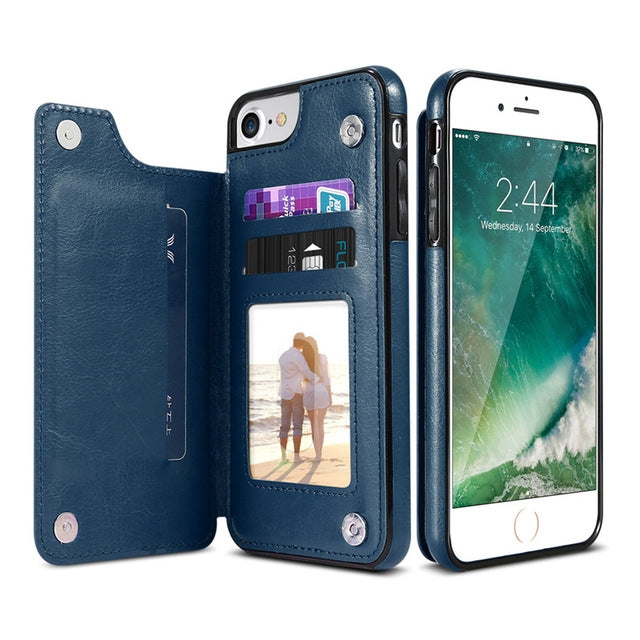 Para iPhone XS Funda de cuero retro PU Fundas para teléfonos con múltiples tarjeteros