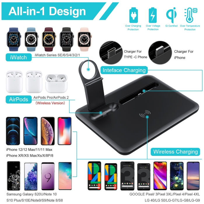 HQ-UD17 4 en 1 Base de carga del soporte del teléfono del cargador inalámbrico para iPhone, iWatch, AirPods y otros teléfonos Android