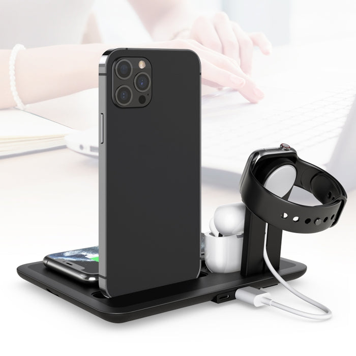 HQ-UD17 4 en 1 Base de carga del soporte del teléfono del cargador inalámbrico para iPhone, iWatch, AirPods y otros teléfonos Android