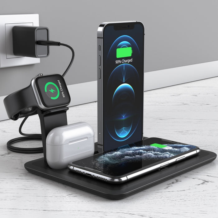 HQ-UD17 4 en 1 Base de carga del soporte del teléfono del cargador inalámbrico para iPhone, iWatch, AirPods y otros teléfonos Android