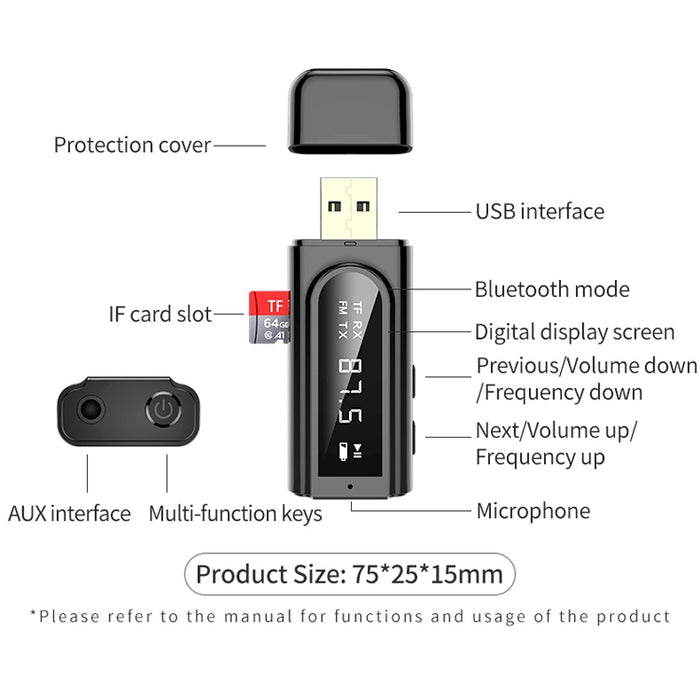 USB Car Bluetooth 5.0 Adaptador Receptor FM + AUX Audio Transmisor estéreo de salida dual, K9 Black