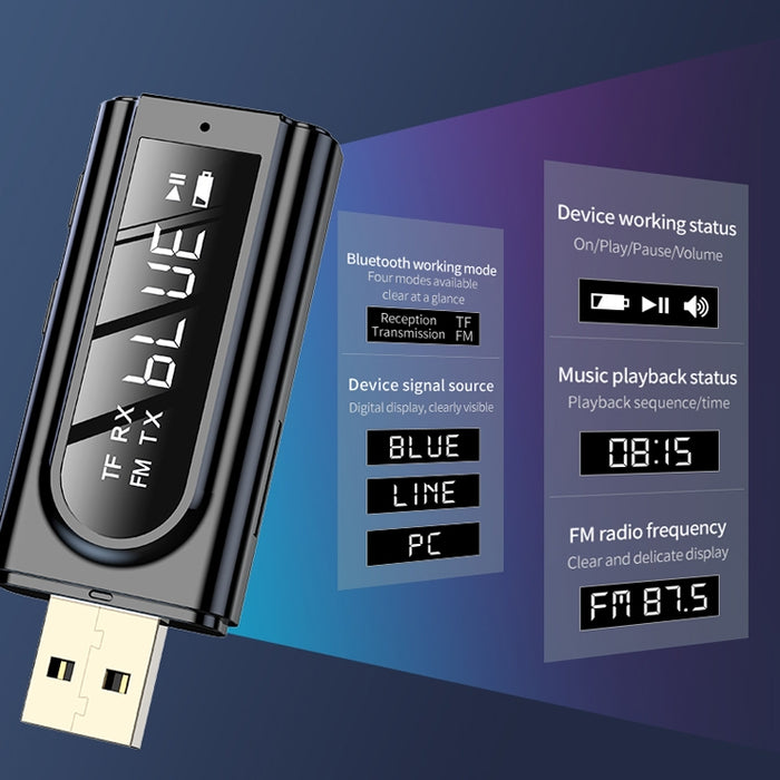 USB Car Bluetooth 5.0 Adaptador Receptor FM + AUX Audio Transmisor estéreo de salida dual, K9 Black