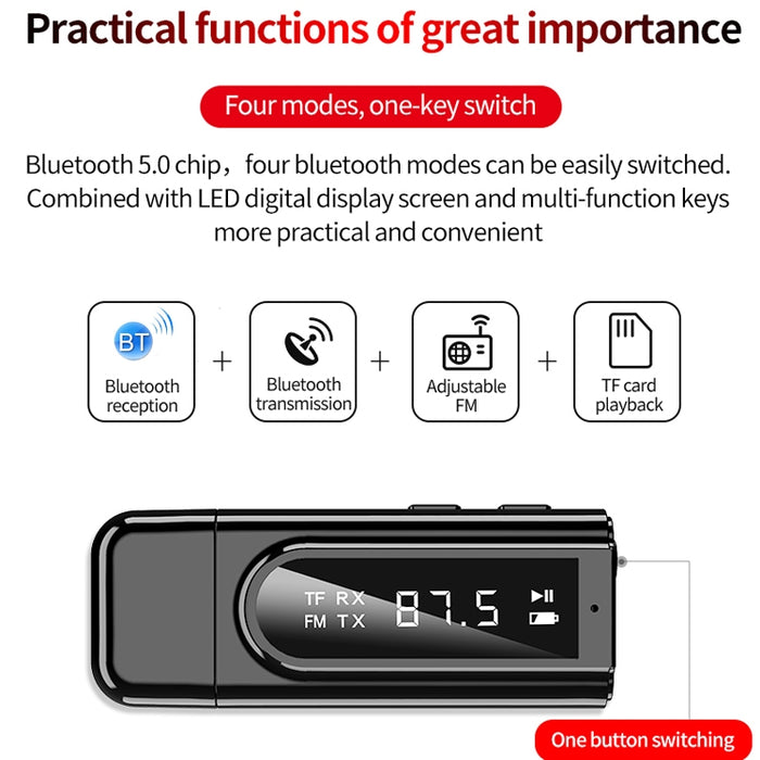 USB Car Bluetooth 5.0 Adaptador Receptor FM + AUX Audio Transmisor estéreo de salida dual, K9 Black