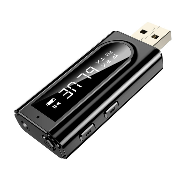 USB Car Bluetooth 5.0 Adaptador Receptor FM + AUX Audio Transmisor estéreo de salida dual, K9 Black