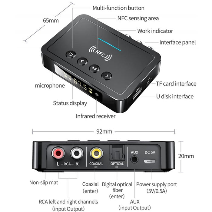 Receptor y transmisor M6 NFC Bluetooth 5.0 y adaptador FM 3 en 1