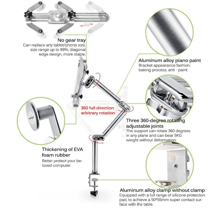 TB-03 Soporte de aleación de aluminio para tableta PC Soporte de micrófono de cámara plegable para mesita de noche perezosa