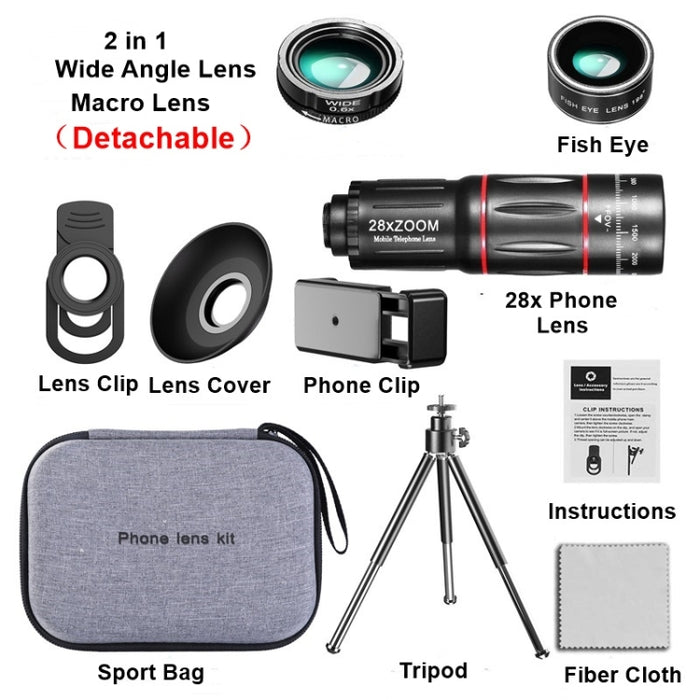 Telescopio de lente universal para teléfono móvil 28X + Gran angular 0.6X + Macro 20X + Conjunto de ojo de pez de 198 grados