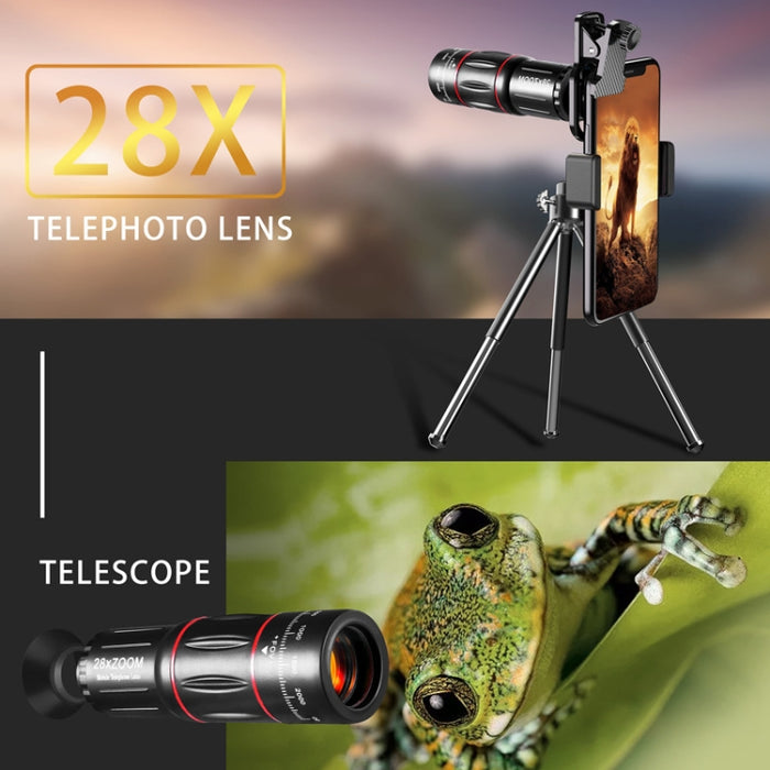 Telescopio de lente universal para teléfono móvil 28X + Gran angular 0.6X + Macro 20X + Conjunto de ojo de pez de 198 grados