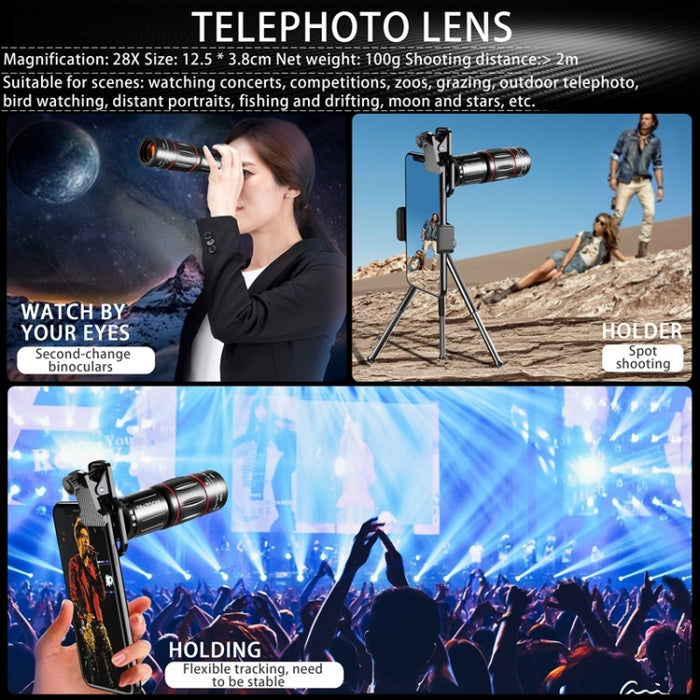 Telescopio de lente universal para teléfono móvil 28X + Gran angular 0.6X + Macro 20X + Conjunto de ojo de pez de 198 grados