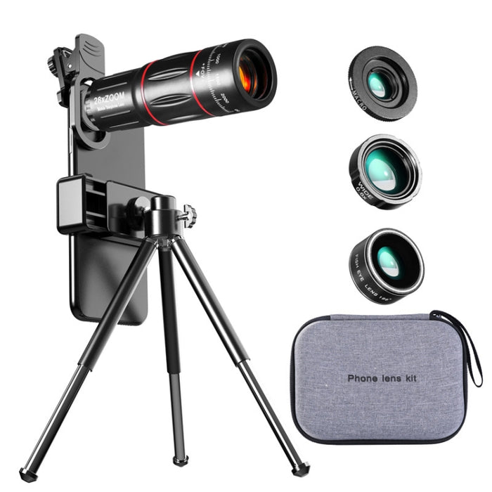 Telescopio de lente universal para teléfono móvil 28X + Gran angular 0.6X + Macro 20X + Conjunto de ojo de pez de 198 grados