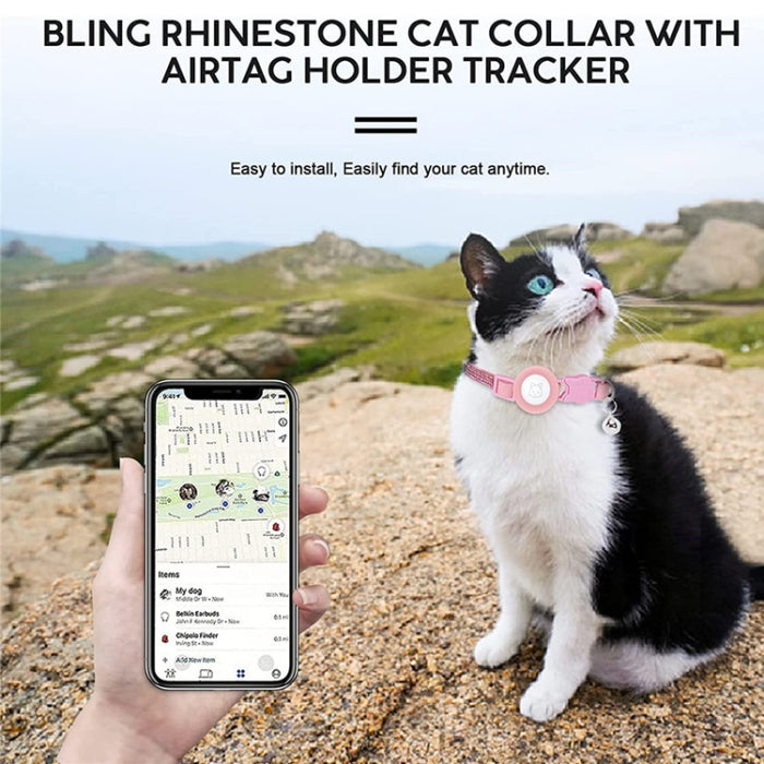 Collar de diamantes de imitación para mascotas con campana para Airtag Tracker Case