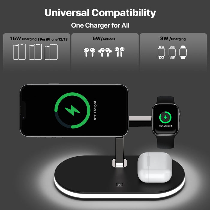 UD23 15W 3 en 1 cargador inalámbrico de escritorio de aleación de aluminio, para iPhone 12/13 y iWatch y AirPods