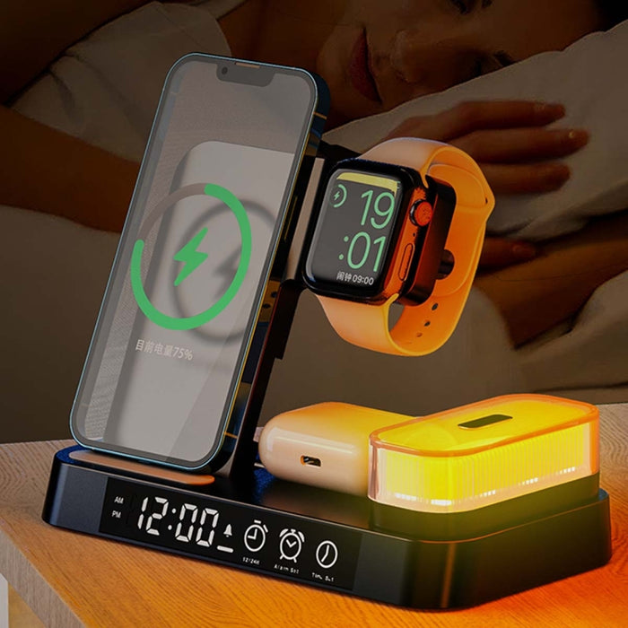 Soporte para teléfono con carga inalámbrica 3 en 1 A37 30W con luz nocturna RGB y función de despertador