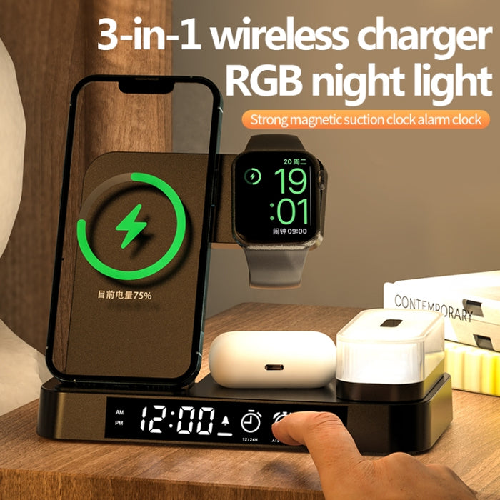 Soporte para teléfono con carga inalámbrica 3 en 1 A37 30W con luz nocturna RGB y función de despertador