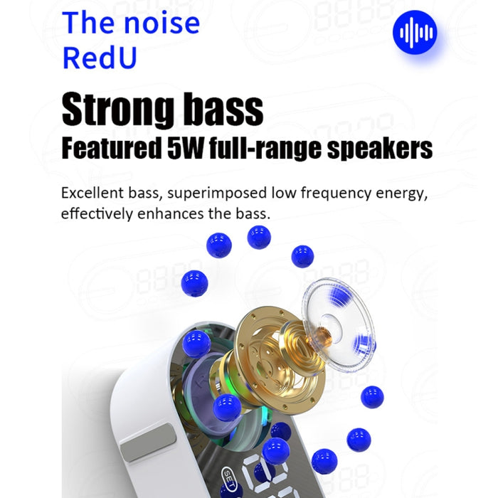 RBT-G30 Espejo Colorido Efecto de luz Subwoofer Bluetooth Despertador Audio, Especificaciones: