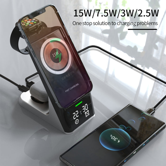 H27 15W 6 en 1 con función de reloj Cargador inalámbrico de teléfono magnético para iWatch / AirPods
