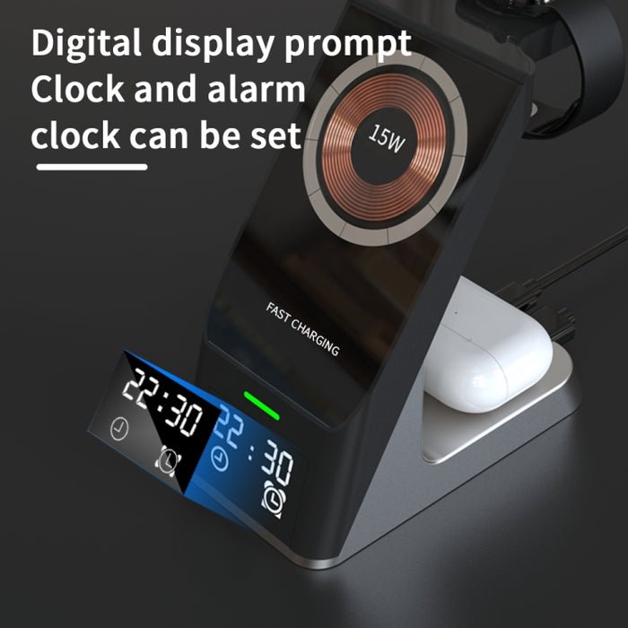 H27 15W 6 en 1 con función de reloj Cargador inalámbrico de teléfono magnético para iWatch / AirPods